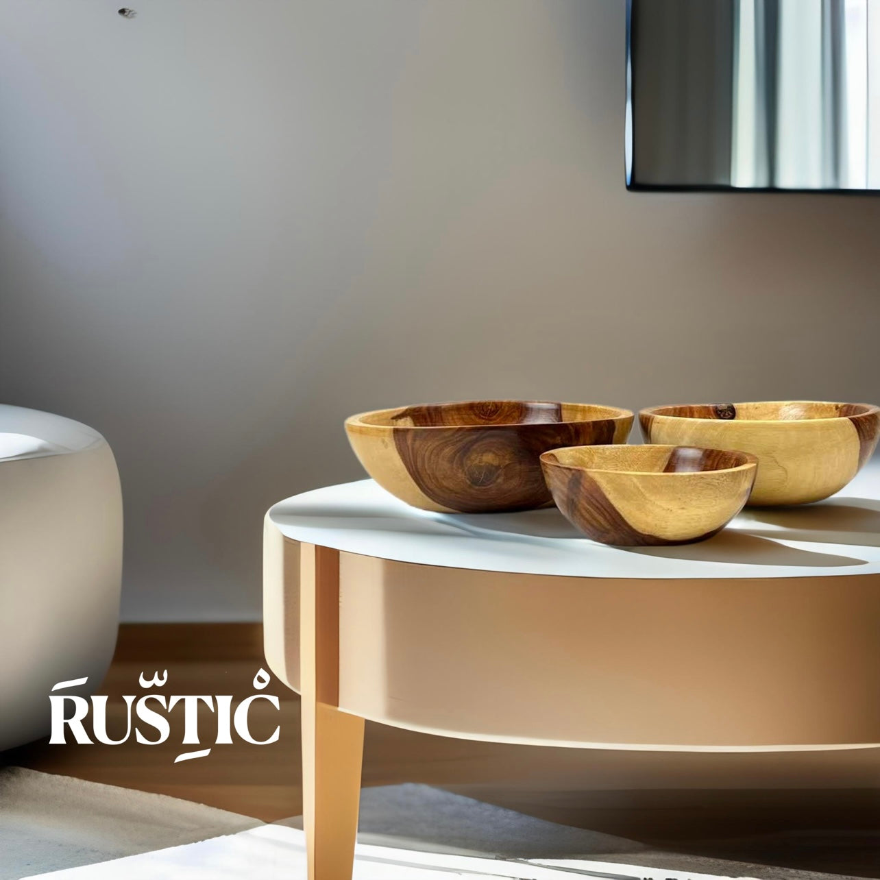 3 Set Natural Wooden Bowls - RUSTIC