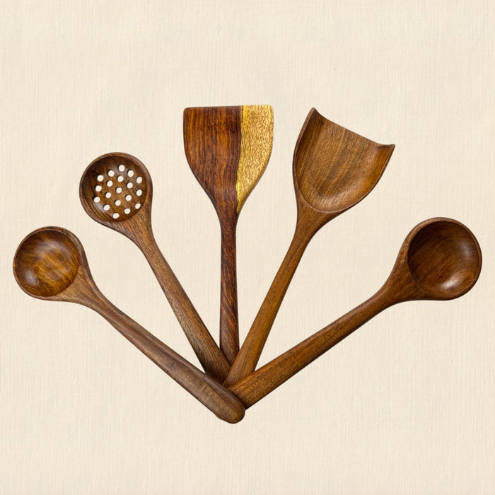 5 PCs. Natural Wooden Kitchen Utensils - RUSTIC