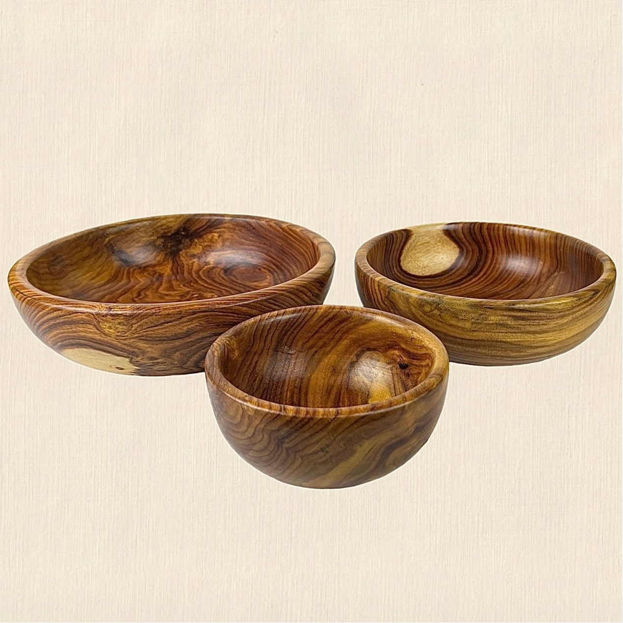 3 Set Natural Wooden Bowls - RUSTIC 
